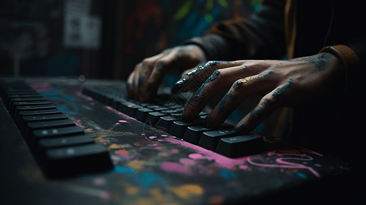 一只在键盘上覆盖颜料的手图片
