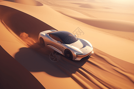 在沙漠中飞驰的电动跑车高清图片