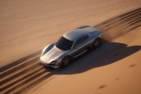 沿着沙漠公路飞驰的流线型跑车图片