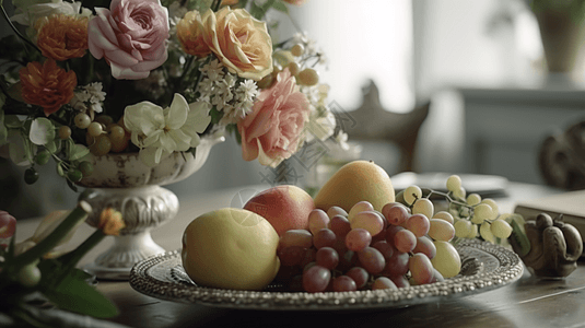 水果和鲜花的特写镜头图片