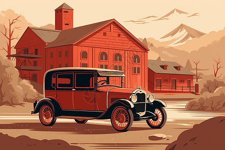 古董红色汽车停在老磨坊前图片