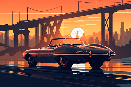 黎明时桥上的经典跑车背景图片
