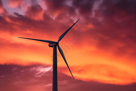 夕阳下的风力涡轮机设备图片