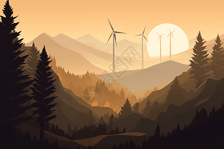 森林风力涡轮机色彩插图图片