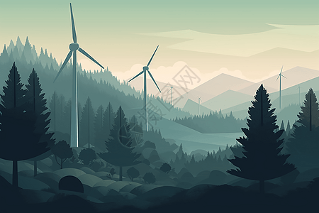 森林风力涡轮机平面插图图片