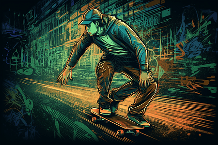 街区滑板卡通插图图片