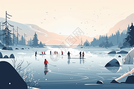 湖上滑冰的创意插图背景图片