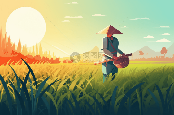 农民在稻田里收割水稻插图图片
