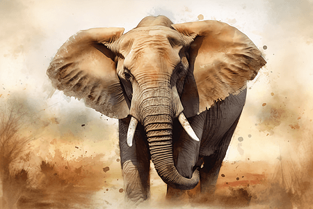 非洲草原大象水彩插图图片