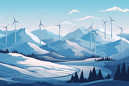 山上的风力涡轮机平面插图图片