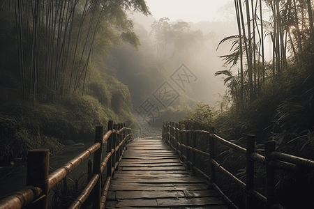 迷雾中的木桥图片