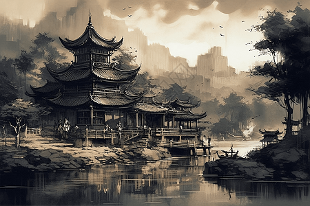 在湖中的中国建筑图片