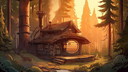 森林中的舒适小屋插画图片