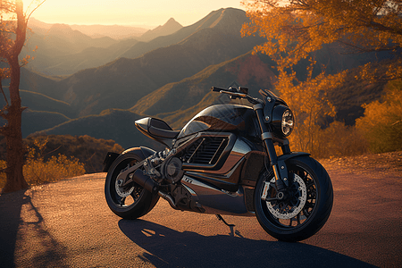 夕阳下的摩托车图片