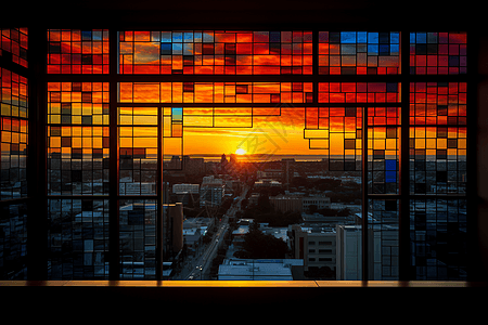 玻璃钢铁窗外的夕阳图片