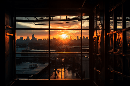 玻璃钢铁窗外的落日图片