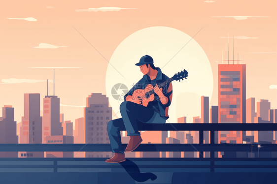 在屋顶上弹吉他的人的图片