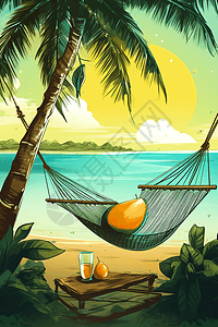 海边吊床上的冷芒果插画
