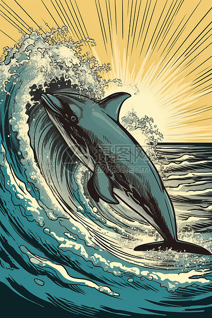 迎巨浪跳跃的海豚图片