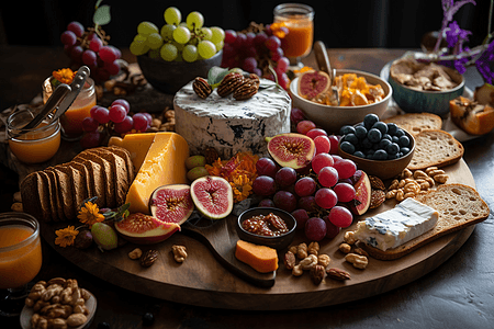 桌子上的奶酪和水果图片
