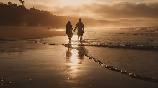 海岸边牵手的夫妻背景图片
