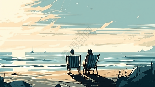手牵着手坐在沙滩椅上的情侣图片