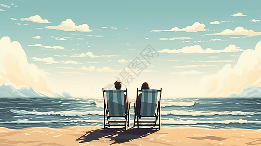 坐在沙滩椅上的情侣图片