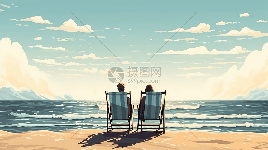 坐在沙滩椅上的情侣图片