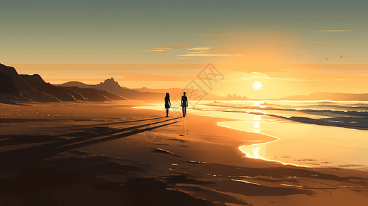 在沙滩上散步的夫妇图片