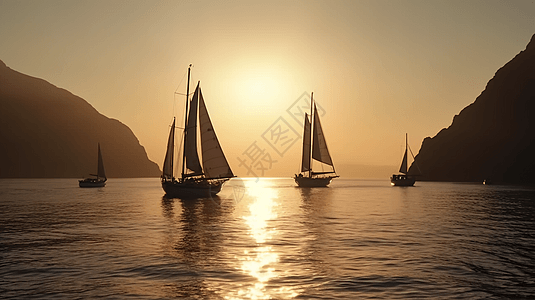 黎明时的海岸中的帆船图片