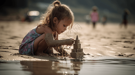 一个孩子在水边建造沙堡背景图片