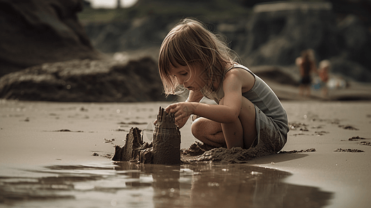 在水边建造沙堡的孩子背景图片