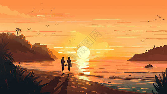 日落时的情侣在海边漫步背景图片