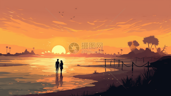 情侣在海边浪漫漫步图片
