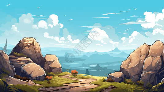 简洁 风景,山顶的岩石景观插画