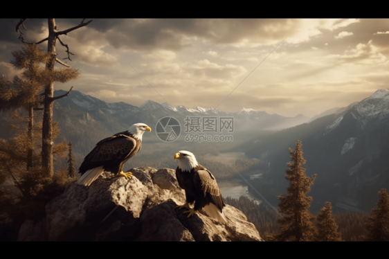 山上岩石上的秃鹰图片