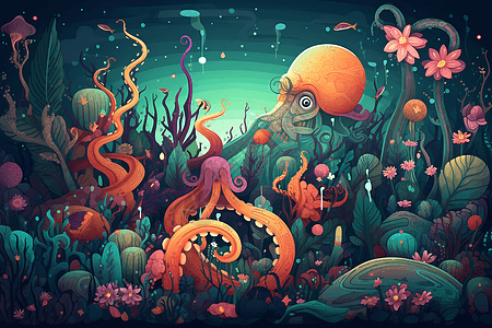 水下花园里的章鱼背景图片