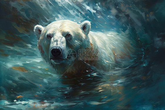 河里的北极熊油画图片