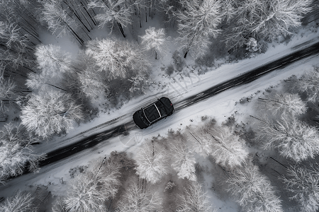 一辆汽车驶过冰雪覆盖的公园图片