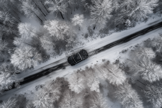 一辆汽车驶过冰雪覆盖的公园图片