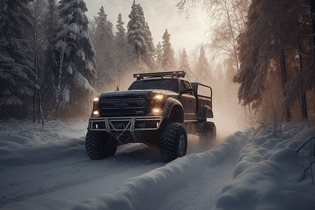 一辆卡车在白雪皑皑的森林中耕作图片
