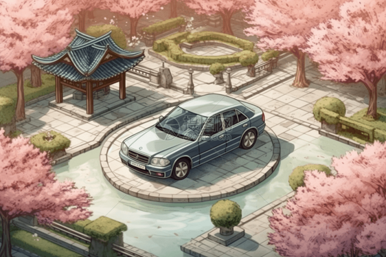 樱花树下的车辆图片