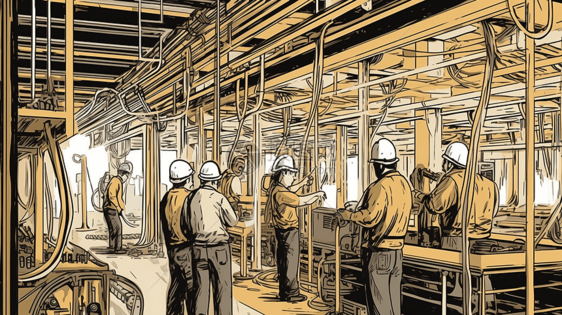 工人在建筑物中安装电线的插图图片