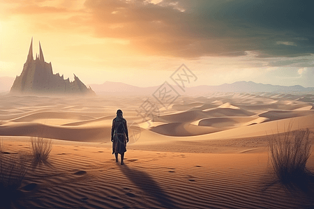 神秘沙漠中的动漫战士背景图片