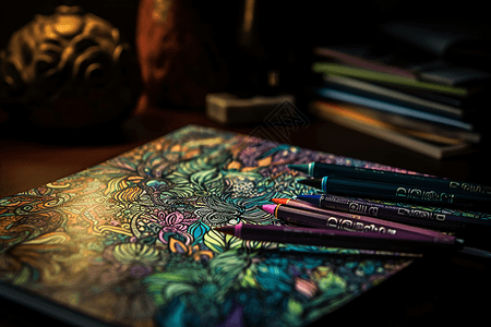 彩色画笔和本子图片
