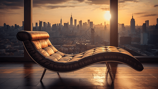日落时舒适的皮质躺椅图片