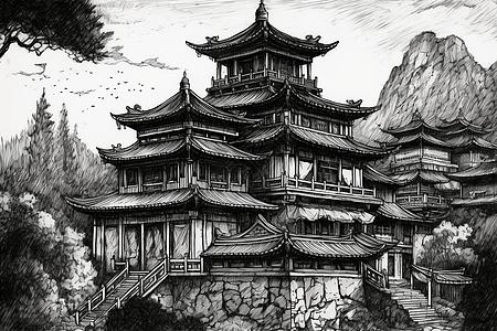 中国水墨风格阁楼建筑图片