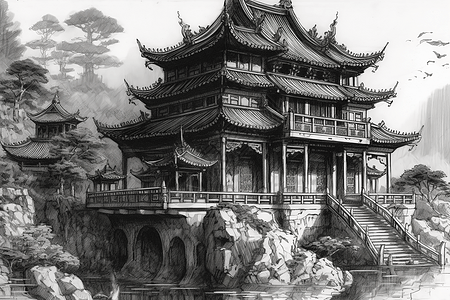 中国水墨风格阁楼图片
