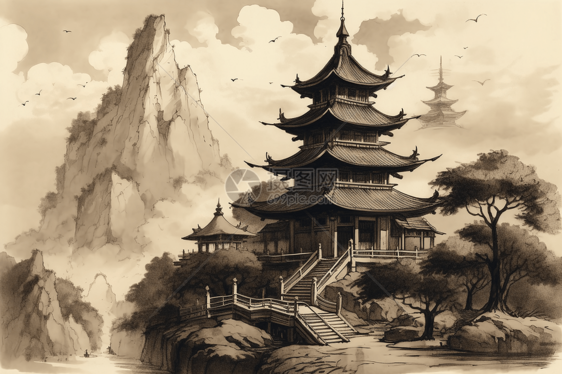 山上的中国宝塔水墨画图片