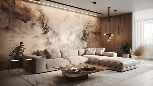 装修设计现代客厅里的米白色沙发背景